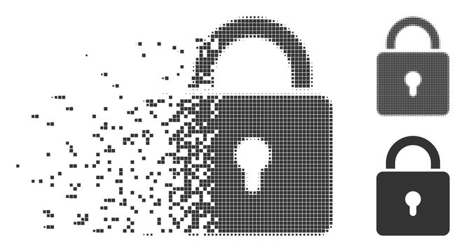 Gray vector lock icon in dissolved, pixelated halftone and undamaged solid versions. Disintegration effect involves square dots. Elements are composed into disappearing lock shape.