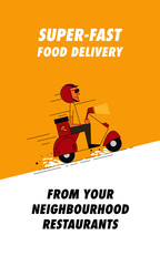 Pizza Delivery Boy delivering  pizza on a retro scooter. Super-fast food delivery Ad concept.