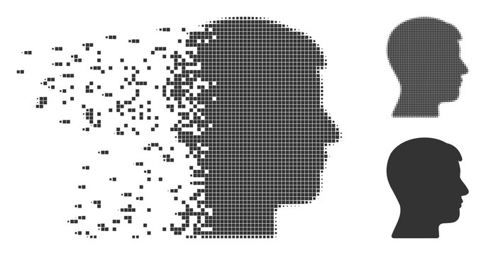 Grey vector man head profile icon in dissolved, pixelated halftone and undamaged whole variants. Disintegration effect involves rectangle particles.