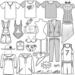 vector icons fashion set - men and women clothing suit bag underwear shoes shirt hat cap Product Category  on white background