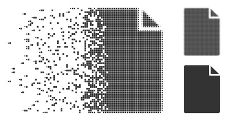 Gray vector new file icon in dissolved, dotted halftone and undamaged whole variants. Disappearing effect involves rectangle dots. Points are organized into disappearing new file form.