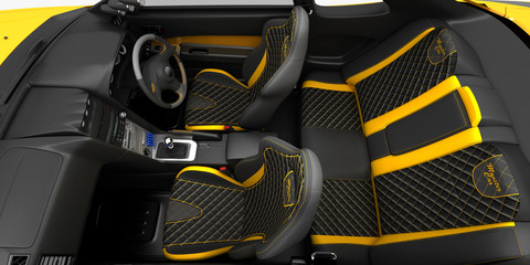Fototapeta na wymiar Exclusive tuning project for the interior of a sports car. Interior design with the layout of the main elements of the machine.