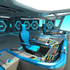 A futuristic ship-cutting project. Command bridge of a spacecraft. Control panel and pallet management units. © Oleg