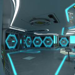 A futuristic ship-cutting project. Command bridge of a spacecraft. Control panel and pallet management units. © Oleg