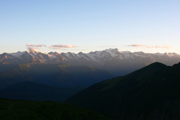 landscape with mountains and hills while sunset. The Svanetian range.