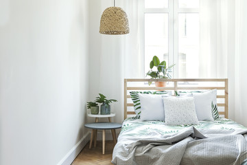 Stylish and modern sunny bedroom with plants , floral pattern bedding and pilows. Space with white...