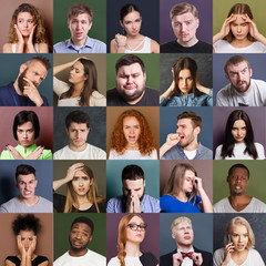 Diverse young people negative emotions set - obrazy, fototapety, plakaty