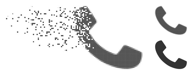 Grey vector phone receiver icon in dissolved, dotted halftone and undamaged solid variants. Disappearing effect involves square particles. Elements are organized into dissolving phone receiver form.