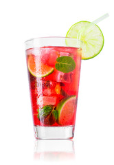 glass of cold red cocktail with straw isolated on white