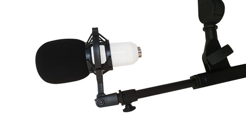Microphone installed on a rack on a white background