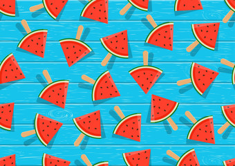 Vector illustration. Watermelon slices on  blue wooden background. Seamless pattern.