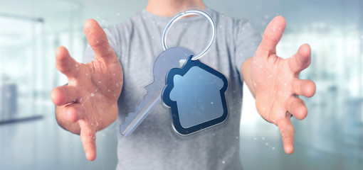 Man holding a Key and house 3d rendering