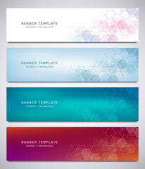 Fototapeta premium Science, medical and digital technology header or banners. Geometric abstract background with hexagons design. Molecular structure and communication vector illustration.