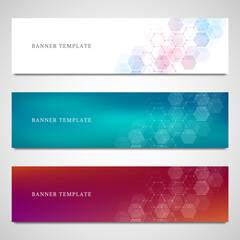 Science, medical and digital technology header or banners. Geometric abstract background with hexagons design. Molecular structure and communication vector illustration.