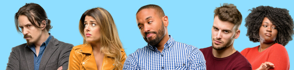 Fototapeta premium Group of mixed people, women and men irritated and angry expressing negative emotion, annoyed with someone