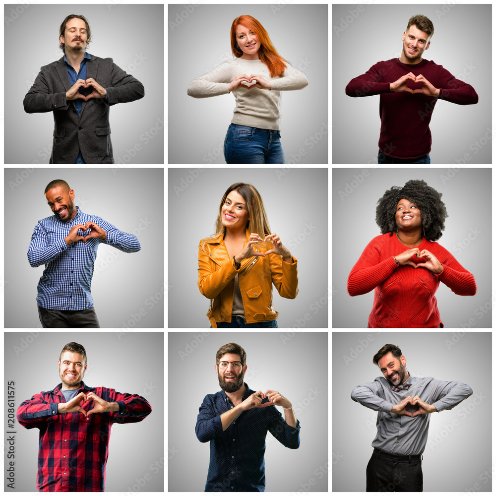 Wall mural group of mixed people, women and men happy showing love with hands in heart shape expressing healthy