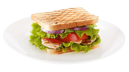 The sandwich with meat is served on a plate. Isolated on white background.