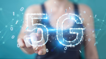 Businesswoman using 5G network digital hologram 3D rendering