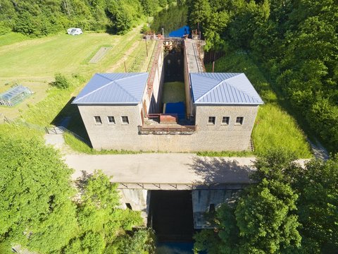 Giant concrete lock Piaski (Sandhof) in Guja - part of the Masurian Canal which was intended to connect the Great Masurian Lakes with the Baltic sea, Mazury, Poland (former East Prussia)