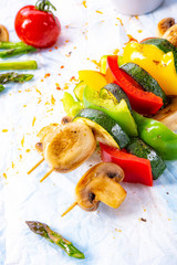 vegetarian skewers white mushrooms, peppers and zucchini for barbecue
