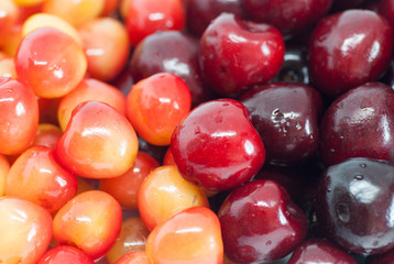 close up on assorted ripe cherries varieties 