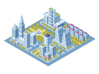 Modern city buildings, police station, road with cars and supermarket building. Town lofts apartments vector 3d isometric set