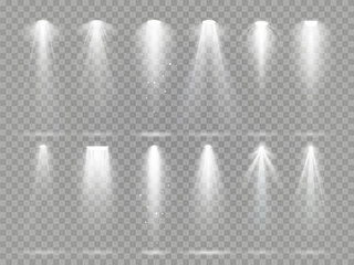 Bright lighting projector beams on theater stage. Rays of studio floodlights, white spotlight light and floodlight lights vector set