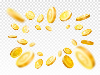 Shiny realistic gold coins explosion. Casino golden coin, falling money vector illustration concept - obrazy, fototapety, plakaty