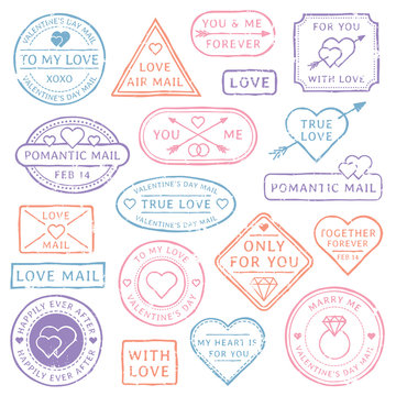 Vintage love letter postcard, Valentines Day postmarks. Stamps with hearts or mail seal for wedding postcards. Travel postal stamp vector set