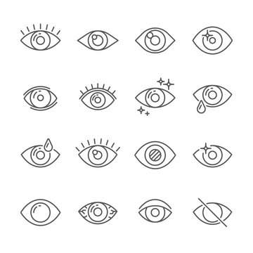 Black pictogram of eyesight or looking eye line icons. Eyeball, watch and eyes with ophthalmic lenses outline vector icon collection