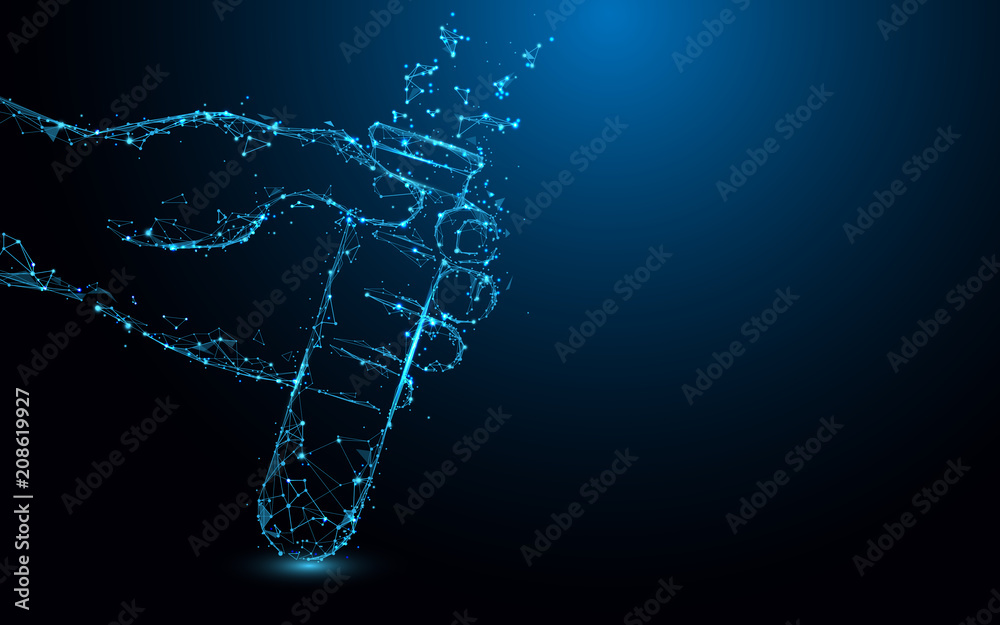 Wall mural hand holding test tubes form lines, triangles and particle style design. illustration vector