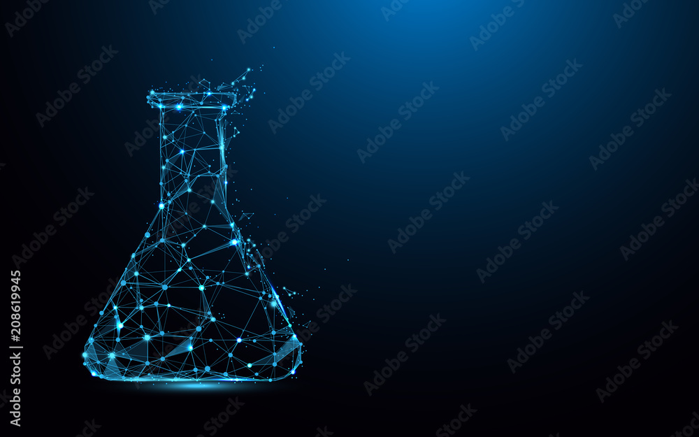 Poster laboratory flask form lines, triangles and particle style design. illustration vector