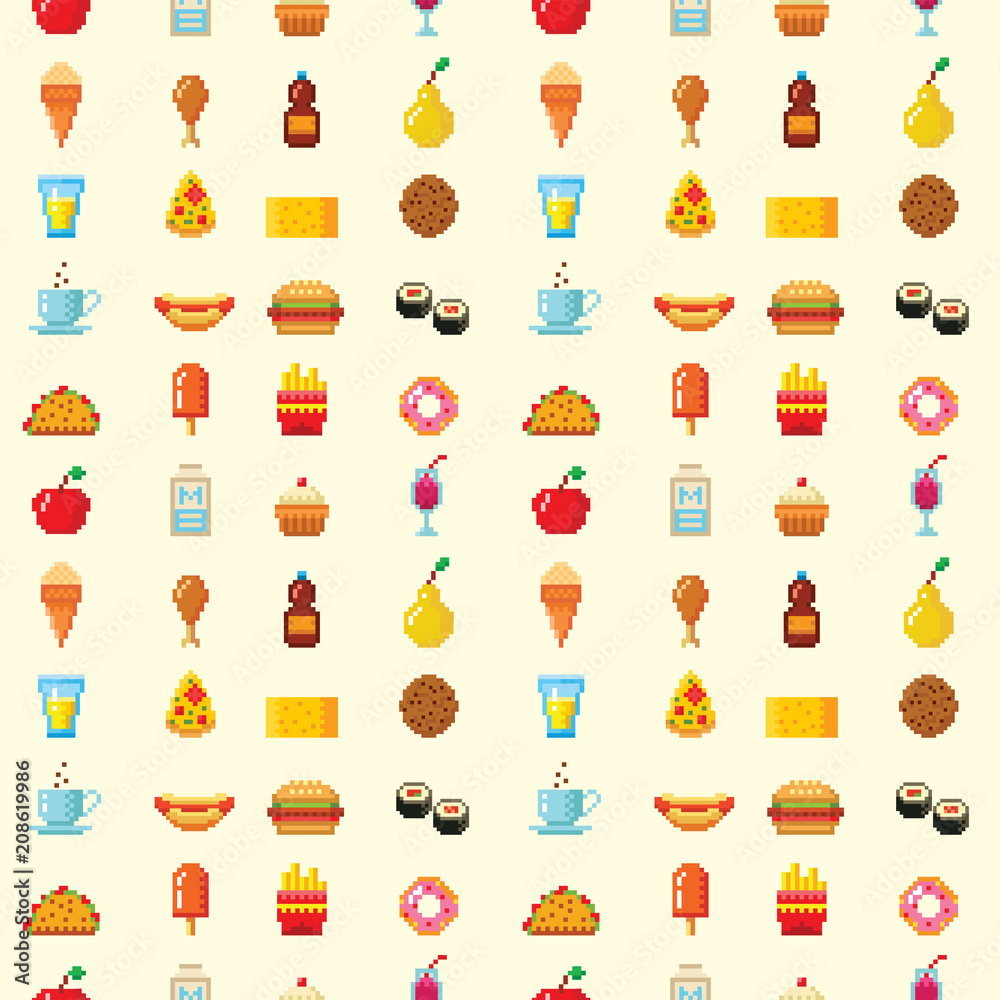 Fototapete pixel art food computer design seamless pattern background vector illustration restaurant pixelated 