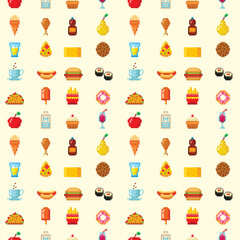 Pixel art food computer design seamless pattern background vector illustration restaurant pixelated element fast food retro game web graphic.