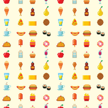 Naklejki Pixel art food computer design seamless pattern background vector illustration restaurant pixelated element fast food retro game web graphic.
