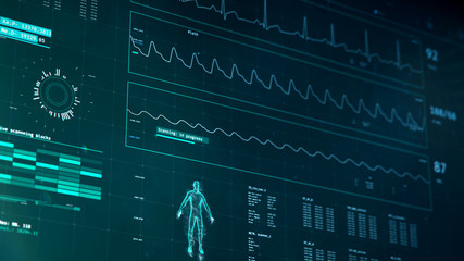 Intensive care unit monitor showing patient's vital signs, stable condition. 3D illustration