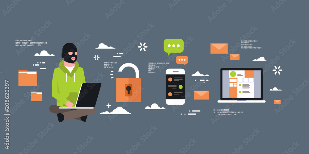 Poster man black mask sitting at computer hacker activity concept viruses data privacy attack internet info