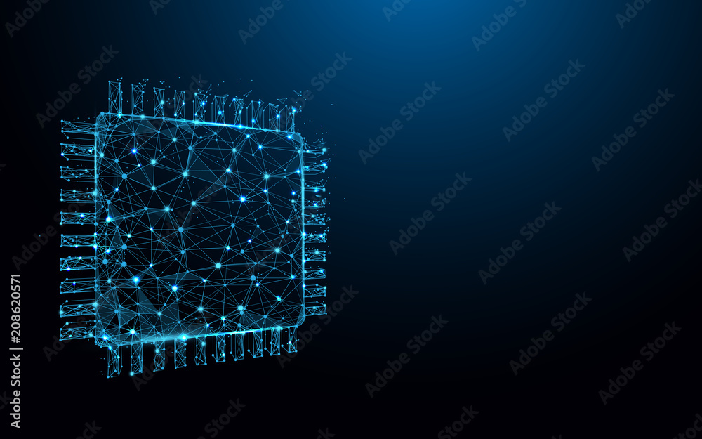Fototapete processor chip form lines, triangles and particle style design. illustration vector