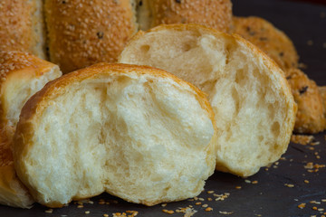 Closeup fresh bread, Traditional homemade bakery
