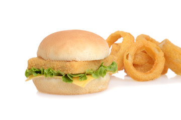 fish sandwich with onion rings
