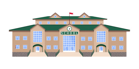 school isolated image, classic, strictly symmetrical building of light brick with green roof, clock above the Central doors, flag, with three entrances