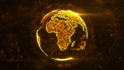 Digital abstract globe made of plexus glowing lines. Business technology structure of the orange lines, dots and particles. Africa continent. 3d rendering