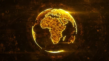 Foto op Canvas Digital abstract globe made of plexus glowing lines. Business technology structure of the orange lines, dots and particles. Africa continent. 3d rendering © S.Gvozd