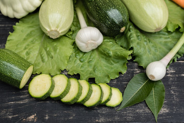 The ripened vegetable marrows, zucchini and bush pumpkins are prepared as ingredients for preparation of healthy food. It can be used as a background