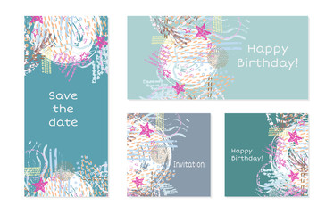 Artistic abstract background with hand drawn textures. Set of creative cards, invitation, banner, poster, placard, cover.
