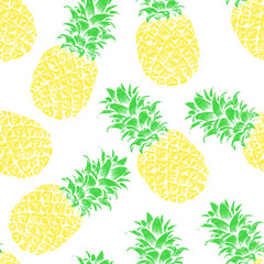 Abstract seamless pattern, wallpaper, background, backdrop. Yellow hand drawn pineapple. Vector sketch, tropical exotic fruit. Template for printing, packaging, advertising, web design, card
