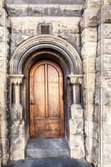 Wooden door on old historic building in melbourne - closeup of architectural detail