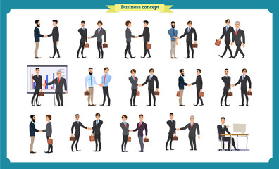 Man's handshake. Business people teamwork, set of Businessmen in different poses, standing, arms crossed, handshaking, cartoon flat-style vector illustration isolated. 