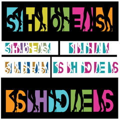an illustration consisting of several images of female legs in shoes and the inscription "shoes", in the form of a symbol or logo
