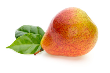 Fresh bio pear with leaves on isolated white background.